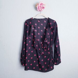 Ann Taylor Black Floral Ruffle Wrap Top